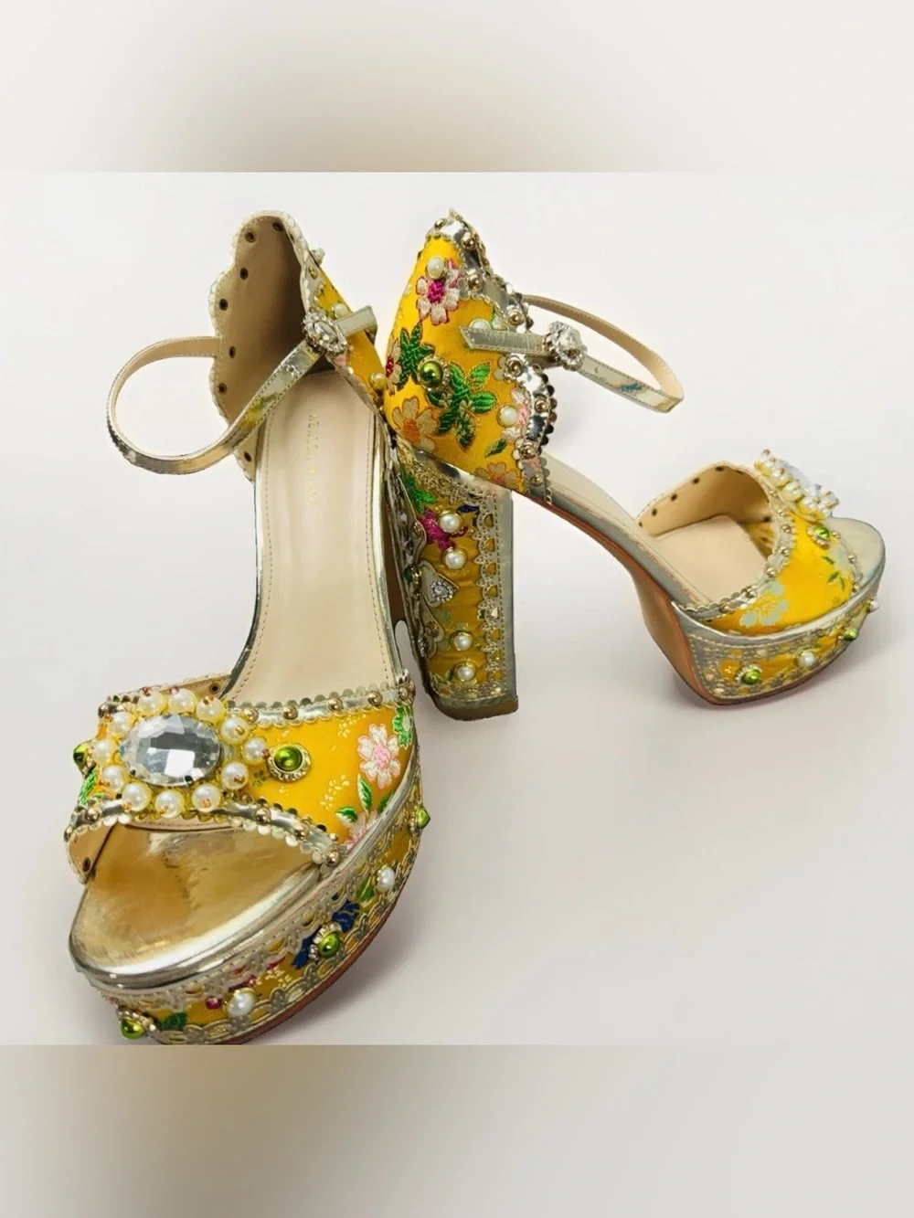 Azalea Wang Cici Yellow Gold Jeweled Baroque Platform Heels